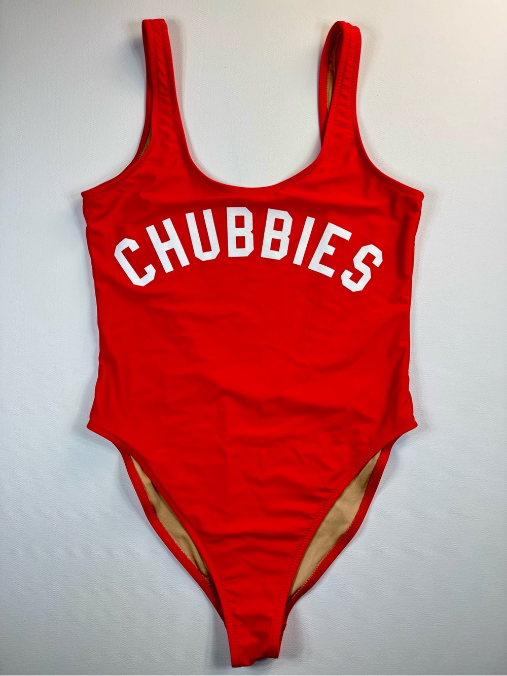 Chubbies Women’s Red One Piece Swimsuit Bathing Suit High Cut Open Back Large